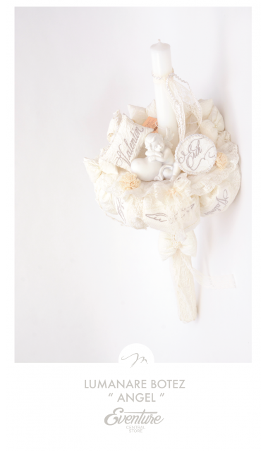 Lumanare de botez brodata cu aripi de inger, 65x4cm, Wings of cotton 6